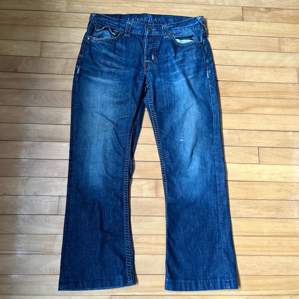 Guess Falcon Slim Boot Jeans Mens 34x30 Dark Wash Heavy Stitch blue